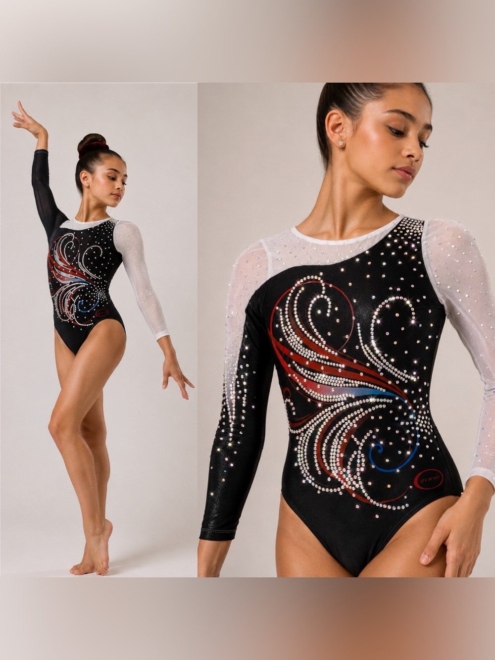 Ozone gymnastics competition 3/4 sleeve custom leotard rhinestoned mesh YL